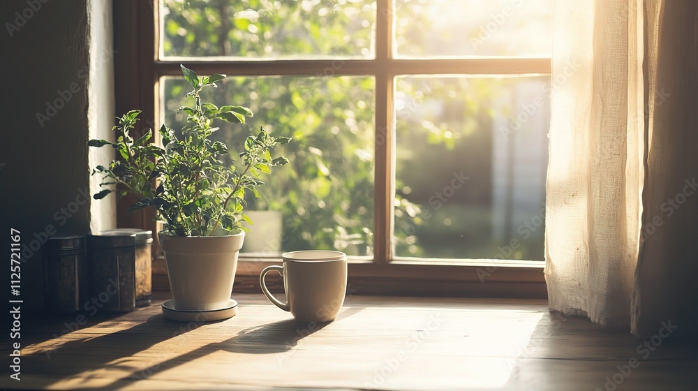 Fototapeta premium Morning Sunlight Streaming Through a Window with Minimalist Setup