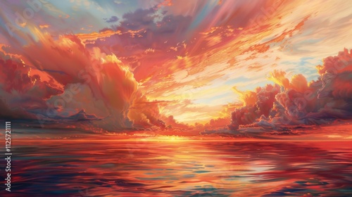Vibrant red and orange clouds hovering above a serene sea at dawn, their colors casting a magical glow on the water photo