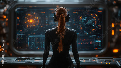 woman wearing headphones, deeply focused, symbolizing concentration, inner peace, and connection to music or sound, capturing a moment of introspection or personal enjoyment