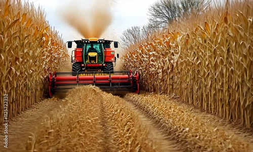 Red combine harvester harvesting dry corn in an autumn field.