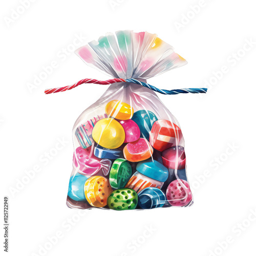 delightful assortment colorful candies small clear gift bag vintage packaging party favor seasonal celebrations retro decor food illustration snack,treats,sweets,clipart,vintage,gummy,lollipop,