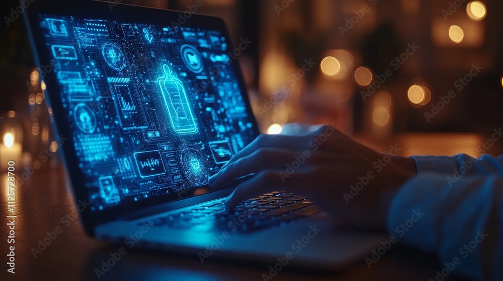 Hands on Laptop with Digital Interface in a Cozy Evening Setting
