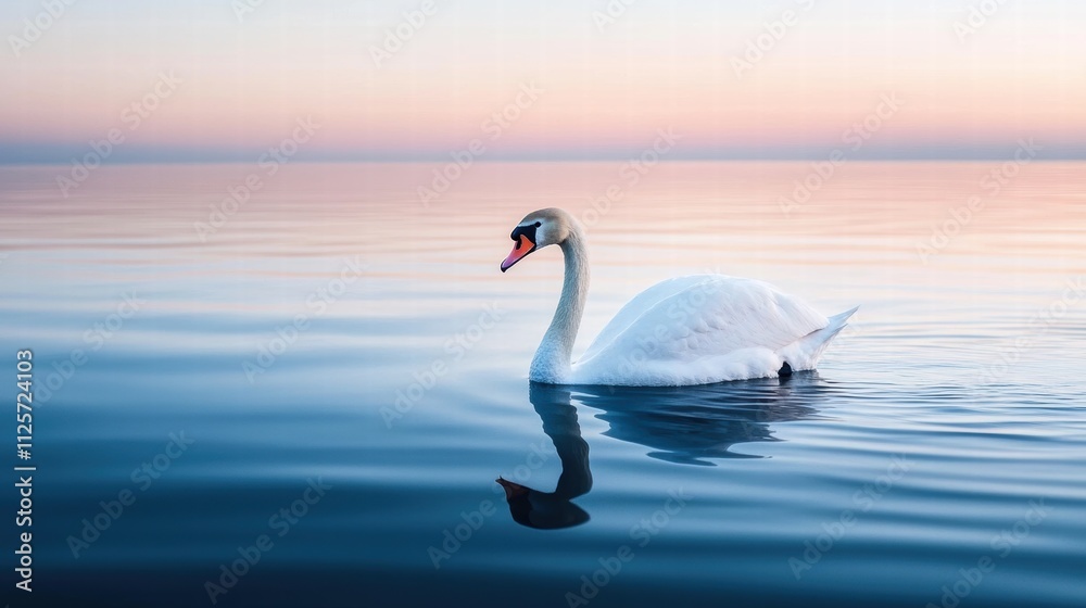 Fototapeta premium Graceful swan gliding on tranquil waters at sunset