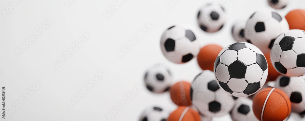 dynamic arrangement of soccer balls and orange balls in motion dynamic arrangement of soccer balls and orange balls in motion
