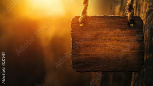 A handcrafted wooden plaque suspended by thick rope on a textured wooden surface, with golden hour lighting casting a serene glow, focusing on intricate imperfections and burnished edges photo