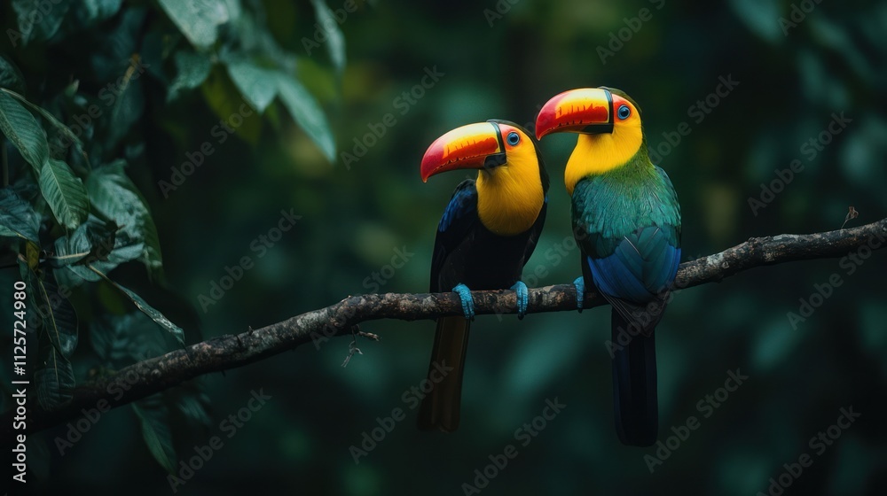 Two Toucans Perched on a Branch in a Lush Rainforest Two Toucans Perched on a Branch in a Lush Rainforest