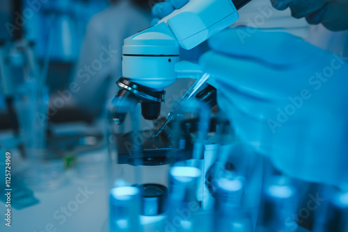 lab, scientist working on scientific equipment in modern laboratory, International team of scientists working together in medical laboratory doing research on chemicals and bacteria