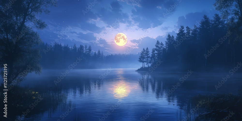 A serene night scene featuring a full moon reflecting on a calm lake surrounded by trees. A serene night scene featuring a full moon reflecting on a calm lake surrounded by trees.