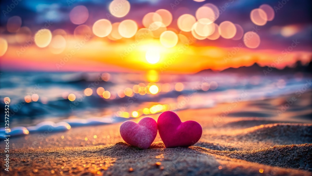 Fototapeta premium Sunset Beach Love Hearts: Valentine's Day Romantic Beach Scene with Bokeh Lights