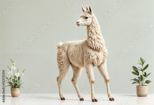 A delicately minimalist depiction of a charming llama boasts serene features and a light, bright background, reminiscent of mori kei style. ultrafine details and serene expression - generated by ai photo