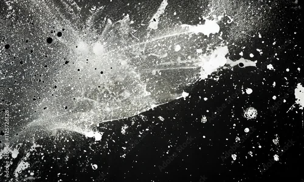 A dynamic black and white abstract design featuring splatters and drips that evokes a sense of movement and creativity. Ideal for backgrounds or artistic projects.