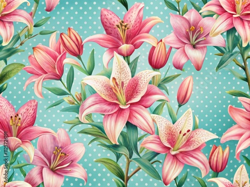 Vintage Floral Double Exposure: Pink Lily Pattern, Blue Dotted Background, Soft Pastel