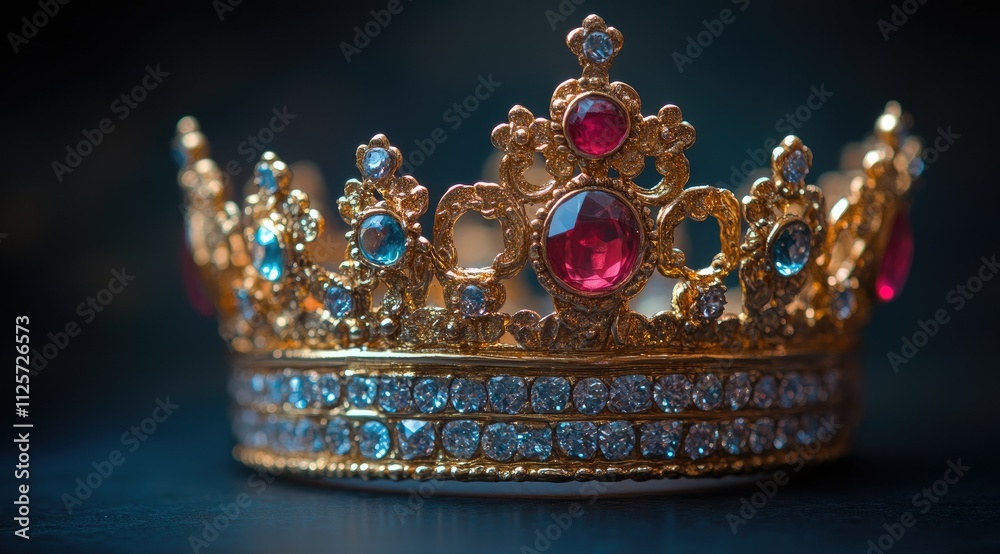 Obraz premium Close-up of ornate gold crown with red and clear gemstones.