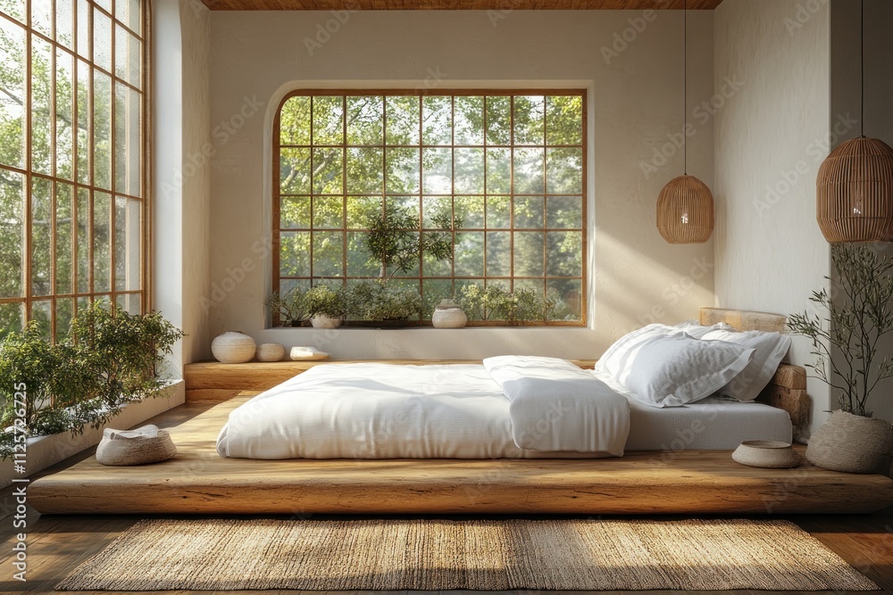 Sunlit minimalist bedroom with platform bed, large window, and plants. Sunlit minimalist bedroom with platform bed, large window, and plants.