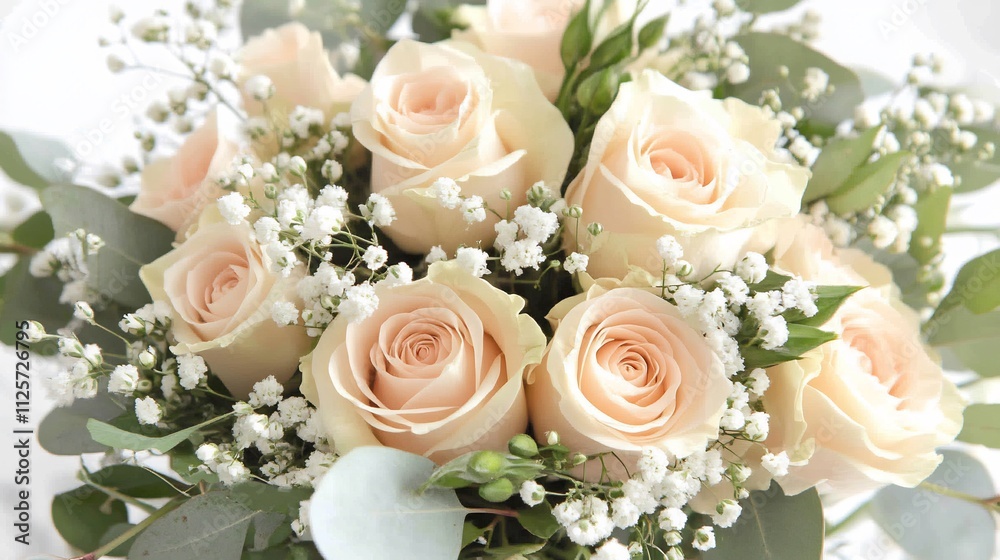 Close-up of a delicate blush peach rose bouquet with eucalyptus and baby's breath. Close-up of a delicate blush peach rose bouquet with eucalyptus and baby's breath.