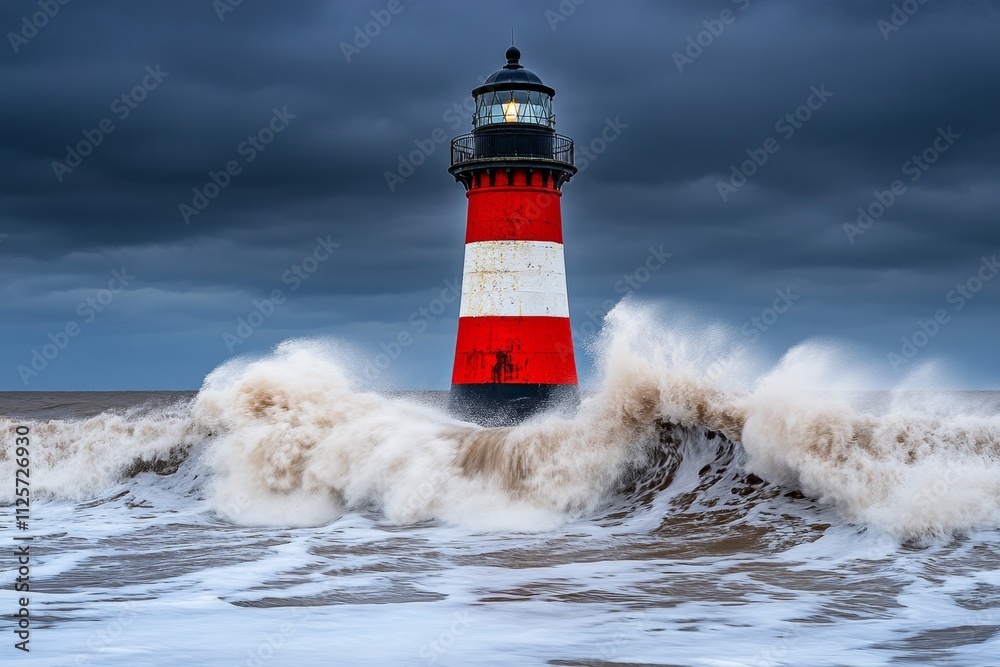 Obraz premium A dynamic shot of a stormy sea, with waves crashing against a lone lighthouse standing resiliently