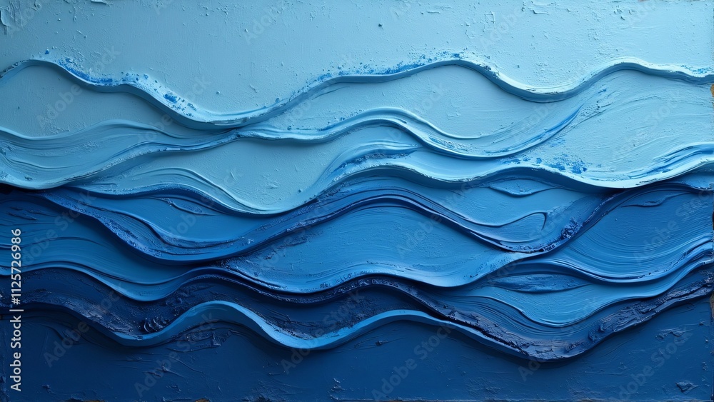 Fototapeta premium Abstract Blue Waves, Textured Impasto Ocean Art