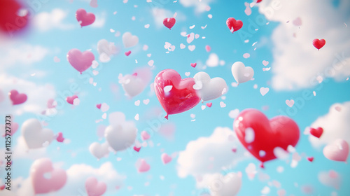 Colorful hearts floating in a blue sky with fluffy clouds for Valentine's Day celebration