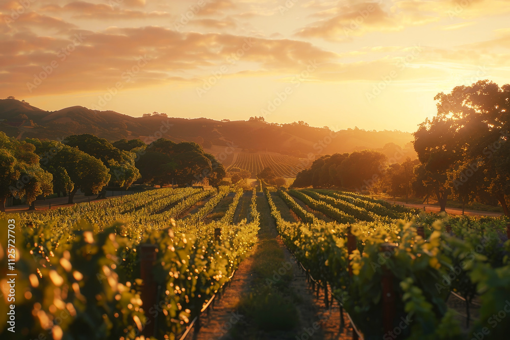 Fototapeta premium Stunning sunset over an elite vineyard rows of vines on a scenic hillside landscape