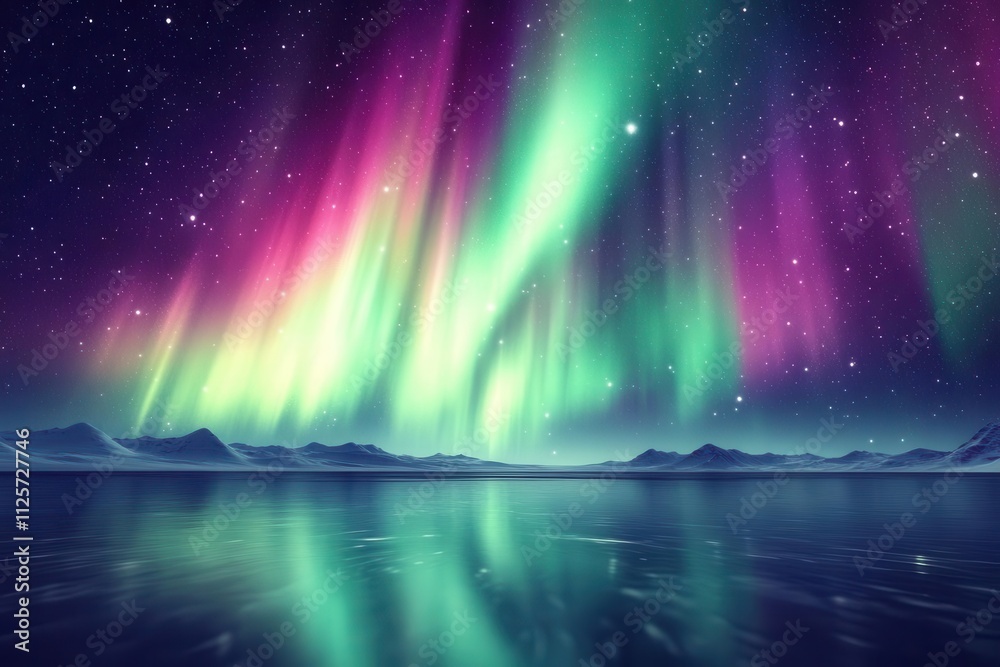 A stunning display of the northern lights reflecting on a calm water surface. A stunning display of the northern lights reflecting on a calm water surface.