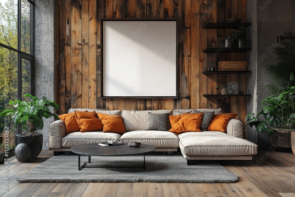 Modern living room with blank square canvas, sectional sofa, wooden wall, plants.