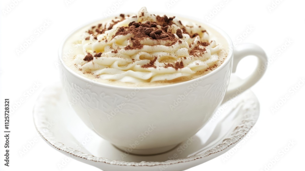 Cappuccino topped with whipped cream and chocolate shavings in an elegant white cup on a minimalist background Cappuccino topped with whipped cream and chocolate shavings in an elegant white cup on a minimalist background