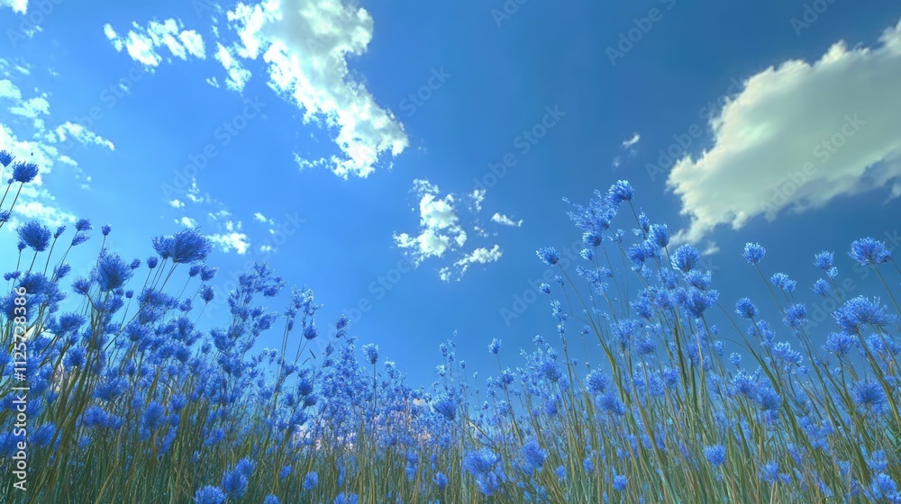 A vibrant field of blooming blue flax flowers under a clear blue summer sky with soft clouds reflecting nature's beauty. A vibrant field of blooming blue flax flowers under a clear blue summer sky with soft clouds reflecting nature's beauty.