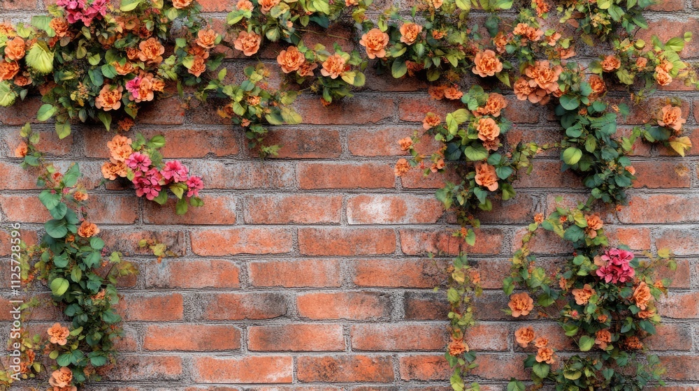 Colorful flowers blooming against a rustic brick wall creating a charming and vibrant backdrop for outdoor or garden themed visuals. Colorful flowers blooming against a rustic brick wall creating a charming and vibrant backdrop for outdoor or garden themed visuals.