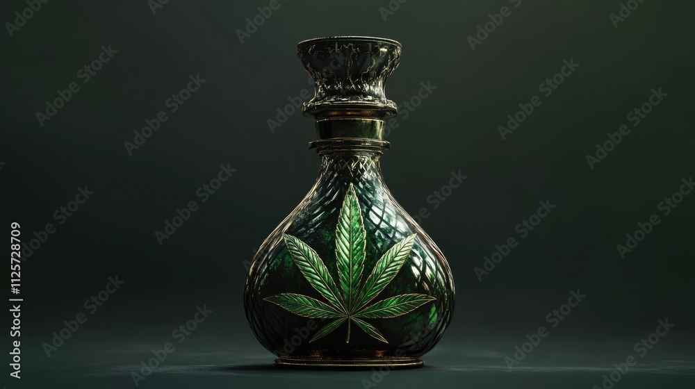 Green cannabis leaf adorned bottle representing medical marijuana and hemp-based cosmetics on a dark background. Green cannabis leaf adorned bottle representing medical marijuana and hemp-based cosmetics on a dark background.