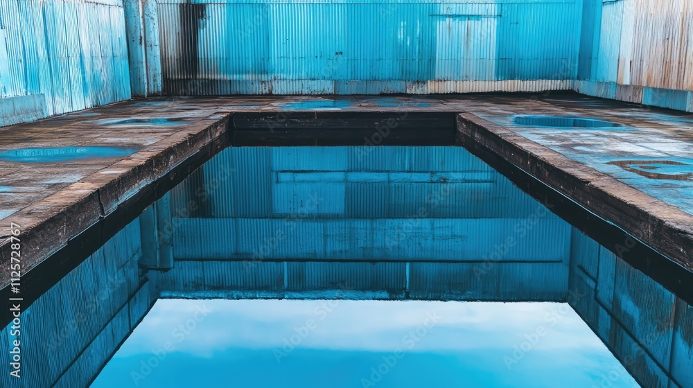 Obraz premium Blue rooftop reflection in industrial warehouse showcasing vibrant colors and textures against a clear sky.