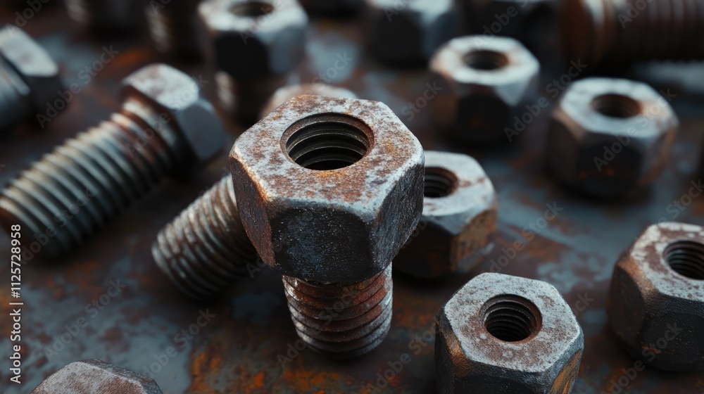 Rusty bolts and nuts scattered on a weathered metal surface showcasing industrial hardware and machinery components. Rusty bolts and nuts scattered on a weathered metal surface showcasing industrial hardware and machinery components.