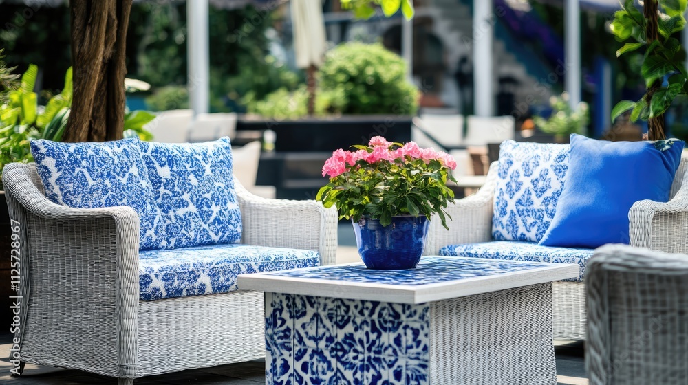 Fototapeta premium Elegant blue and white patio furniture set with floral centerpiece in serene outdoor setting surrounded by lush greenery