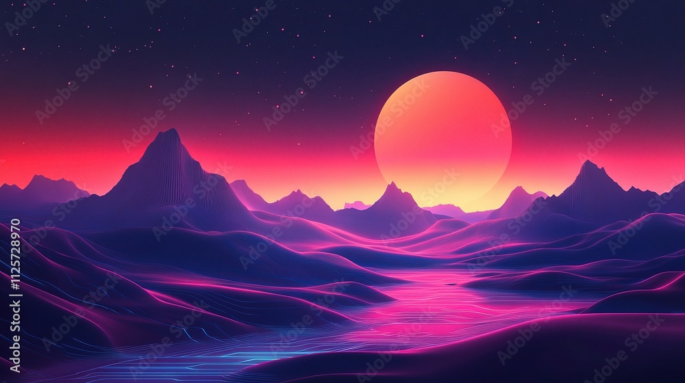 Neon Light Accented Digital Landscape with Stylized Sun Setting Neon Light Accented Digital Landscape with Stylized Sun Setting