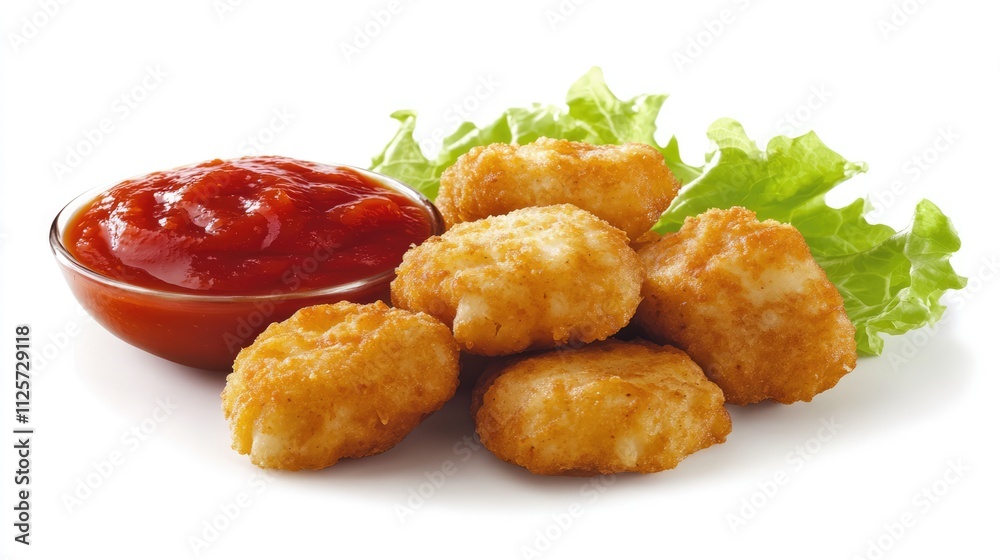 Crispy chicken nuggets served with tangy tomato sauce and fresh lettuce garnish on a clean white background Crispy chicken nuggets served with tangy tomato sauce and fresh lettuce garnish on a clean white background