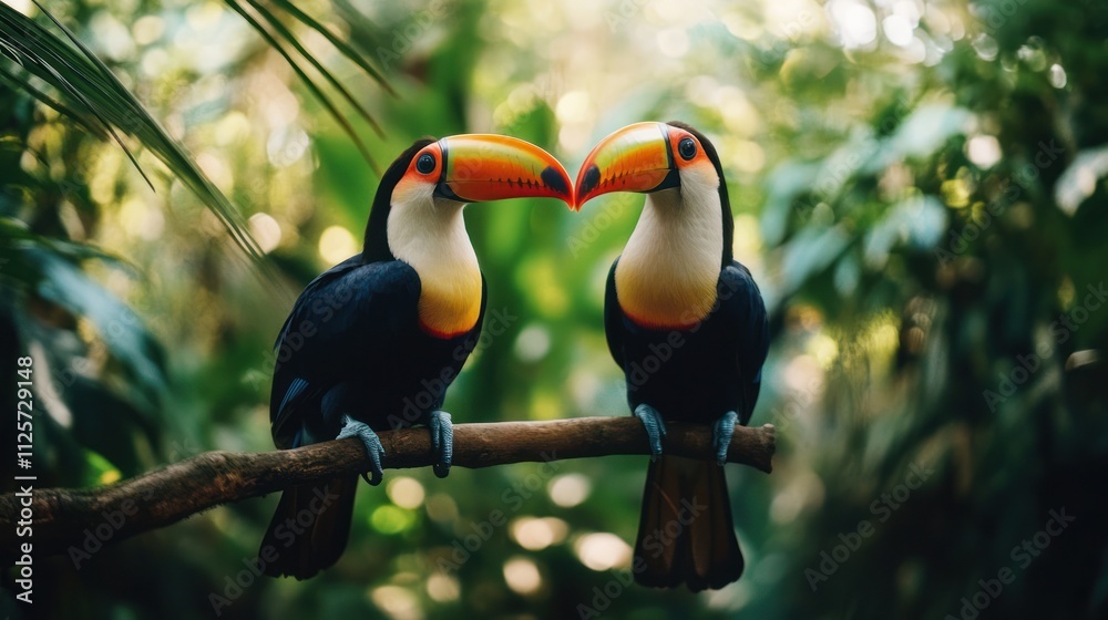 Naklejka premium Two Toucans Perched on Branch in Lush Rainforest