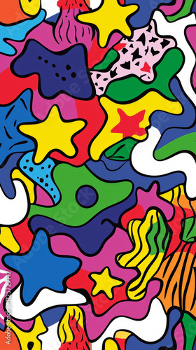 Playful hand drawn stars and abstract shapes in vibrant colors on white background