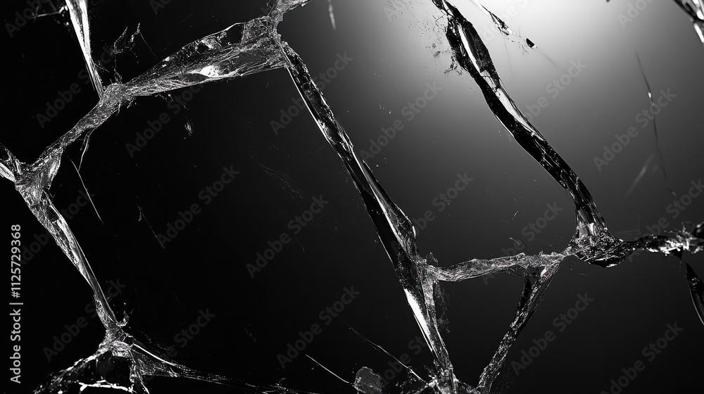 Broken and damaged glass with extensive cracks on a dark background showcasing intricate textures and reflections in black and white. Broken and damaged glass with extensive cracks on a dark background showcasing intricate textures and reflections in black and white.
