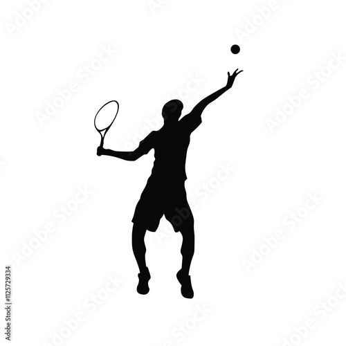 Black Silhouette of Man Playing Tennis Ball on White Background. Sport Logo, Vector Illustration,