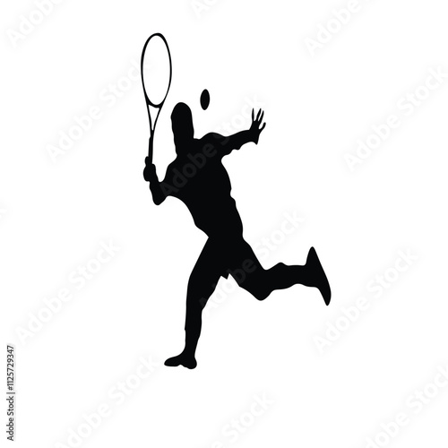 Black Silhouette of Man Playing Tennis Ball on White Background. Sport Logo, Vector Illustration,