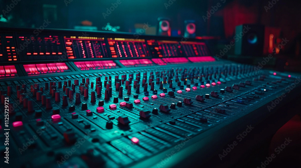 professional audio mixing console illuminated by vibrant LED lights, showcasing precision dials, sliders, and colorful buttons. Represents sound engineering, creativity, and innovation professional audio mixing console illuminated by vibrant LED lights, showcasing precision dials, sliders, and colorful buttons. Represents sound engineering, creativity, and innovation