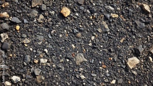 Rough textured asphalt surface featuring gravel and stones in a dark background suitable for construction or roadwork visuals