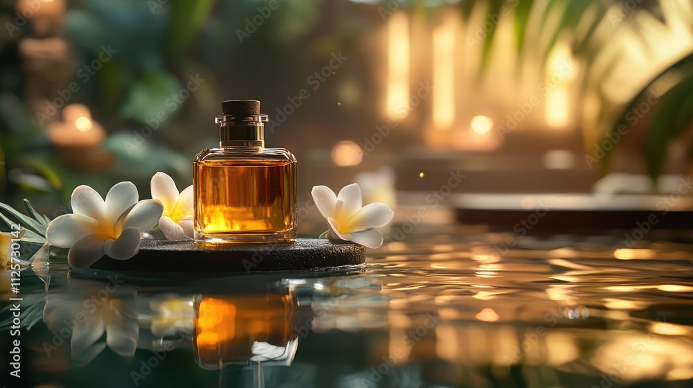 Perfume oil bottle surrounded by tranquil spa elements and flowers reflecting serenity and relaxation in a calming environment Perfume oil bottle surrounded by tranquil spa elements and flowers reflecting serenity and relaxation in a calming environment