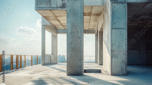 Modern concrete pillars in an unfinished construction site under a clear blue sky showcasing architectural details and structural elements photo