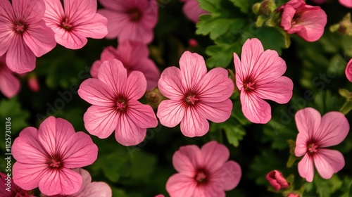 Vibrant cluster of pink flowers with reddish brown stems showcasing delicate petals against lush green foliage background