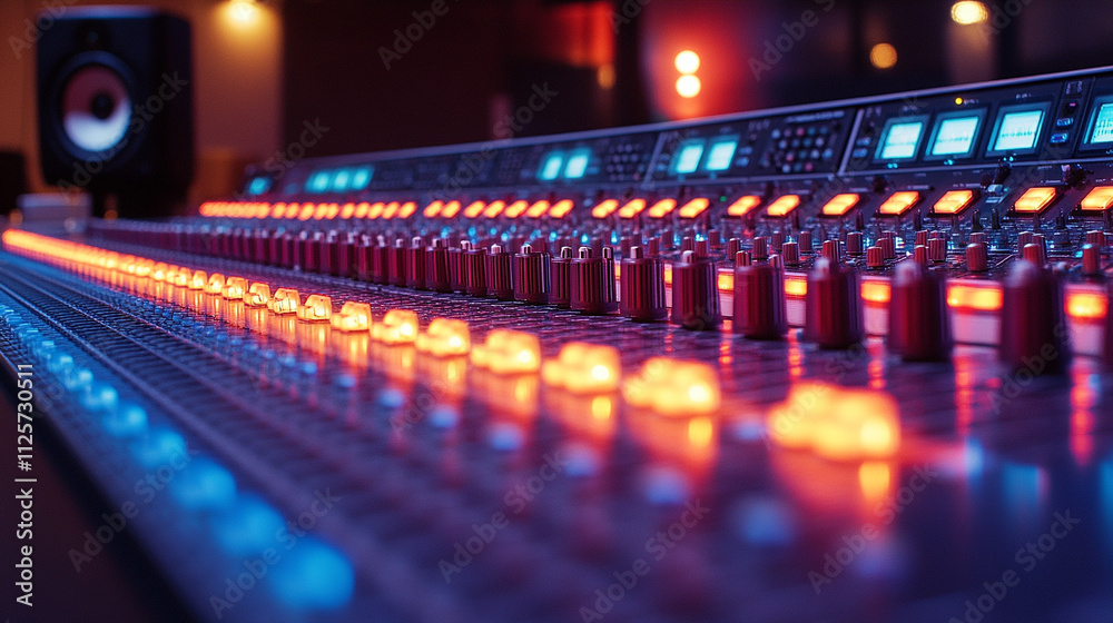 professional audio mixing console illuminated by vibrant LED lights, showcasing precision dials, sliders, and colorful buttons. Represents sound engineering, creativity, and innovation