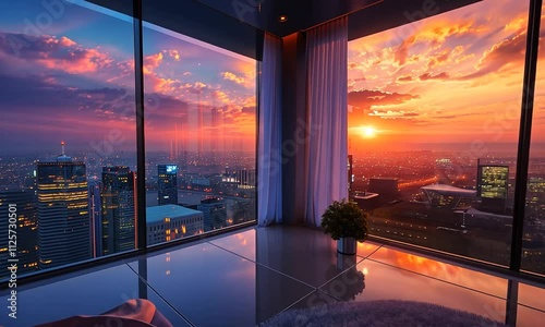 Breathtaking sunset view from a luxurious penthouse bedroom overlooking a cityscape.