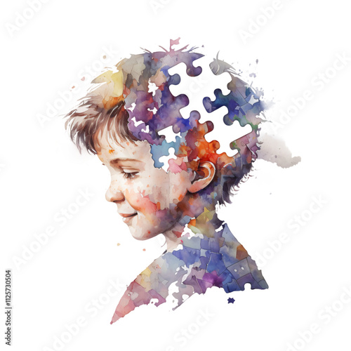 Abstract impressionist illustration child puzzle piece head watercolor splashes symbolizing creativity connection complexity thought individuality autism accept aware difference dei Diversity equity