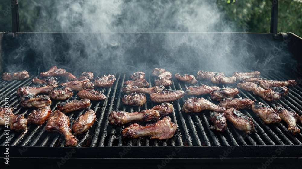Grilled Chicken Wings Smoked to Perfection on an Outdoor Barbecue Grill with Flavorful Seasoning and Aromatic Smoke Grilled Chicken Wings Smoked to Perfection on an Outdoor Barbecue Grill with Flavorful Seasoning and Aromatic Smoke