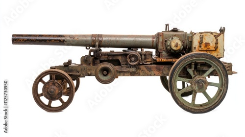 Vintage anti-tank gun on wheels with weathered paint captured against a white background for historical weaponry themes photo