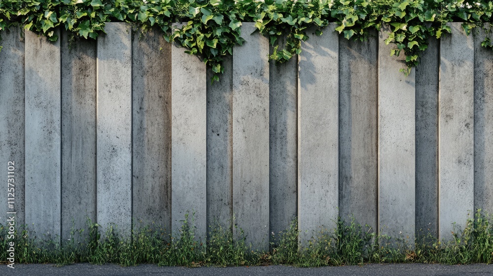 Concrete slab fence adorned with lush greenery and wild vines creating a rustic outdoor atmosphere ideal for landscaping projects. Concrete slab fence adorned with lush greenery and wild vines creating a rustic outdoor atmosphere ideal for landscaping projects.